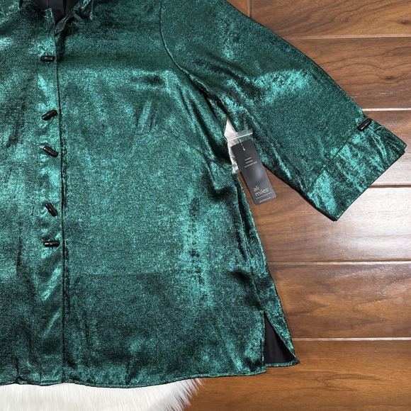 Ali Miles Women's Size 1X Green Shimmer Wired Collar Button Up Tunic‎ Top Shirt - Picture 3 of 9